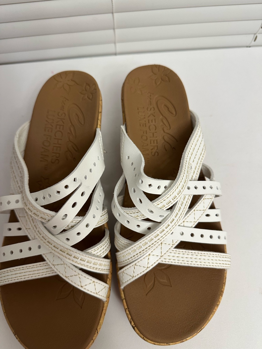 Skechers White Strappy Slide Sandals with Tan Footbed
